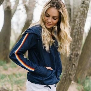 ZYIA Active Striped Sleeve Hooded Bomber Wind Jacket